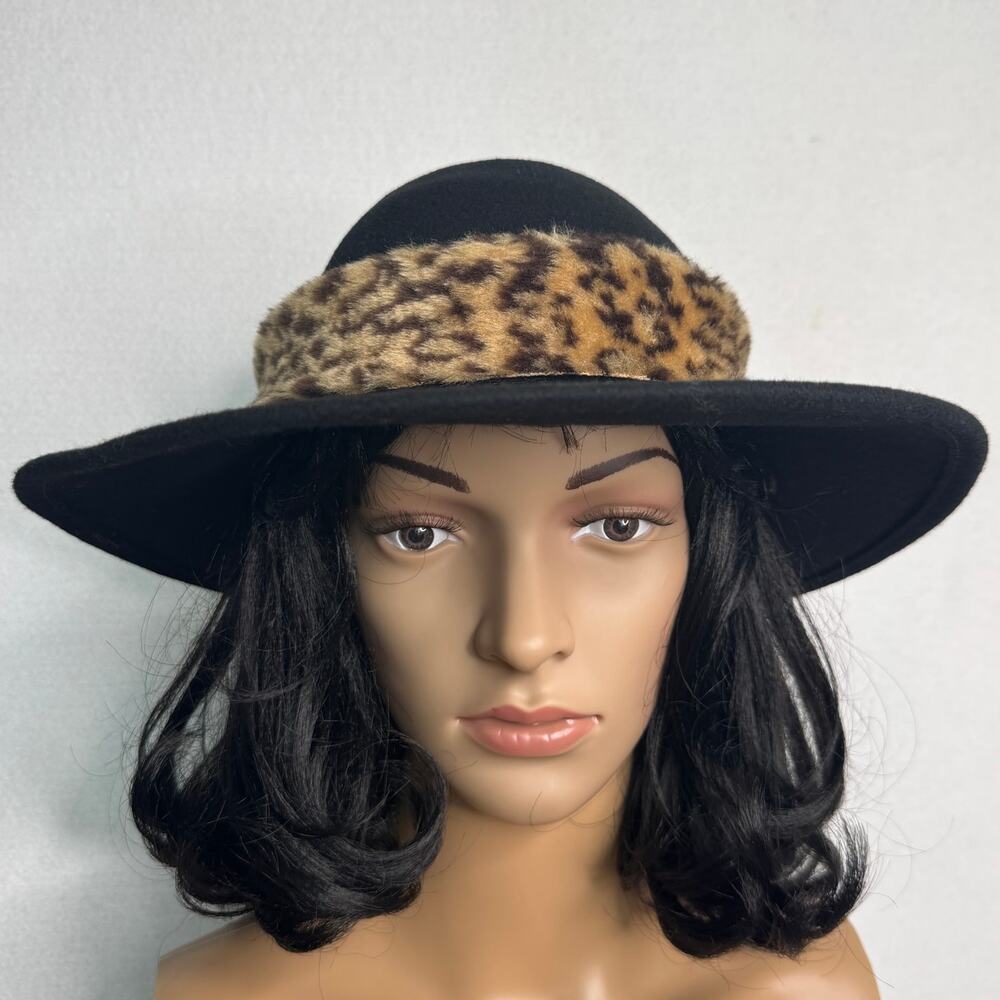 Vintage 1980s Black Wool Felt Wide Brim Hat Leopard Faux Fur Made USA 22” - Picture 3 of 14